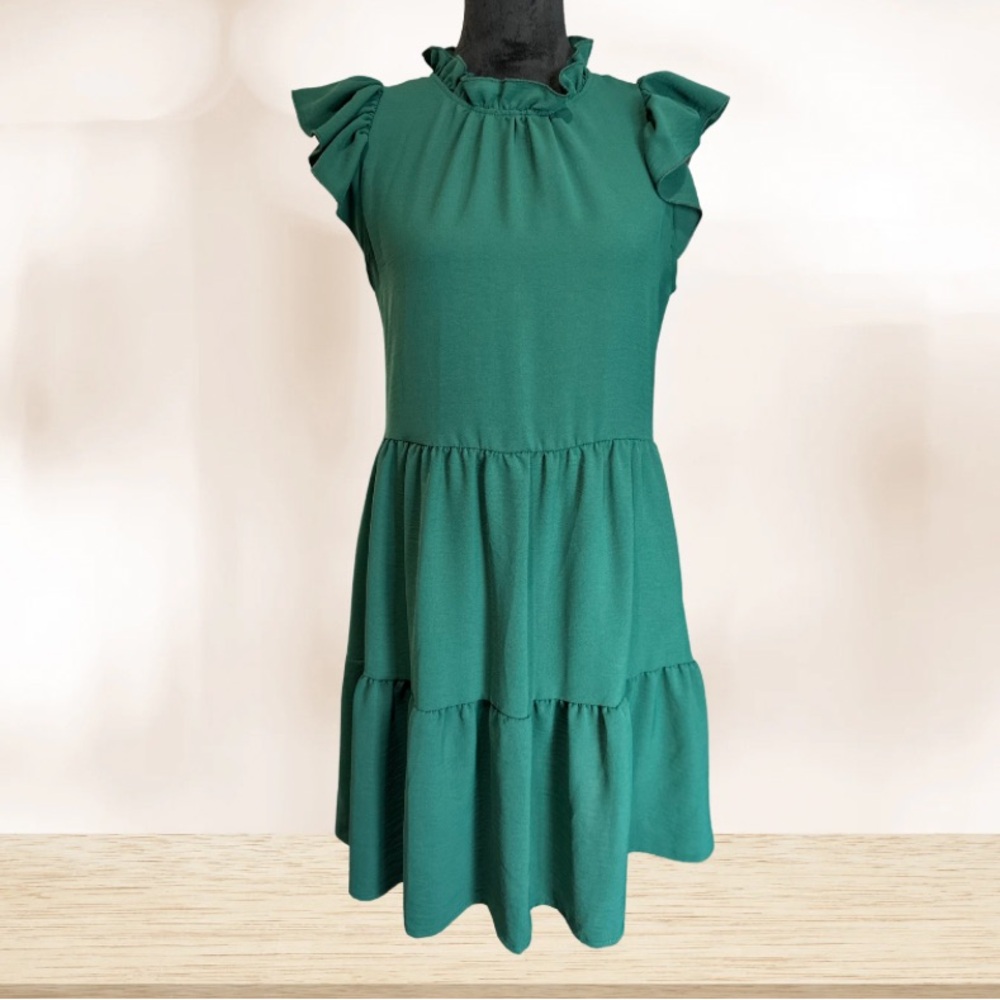 Elegant Emerald Ruffle Neck and Ruffle Neck Dress